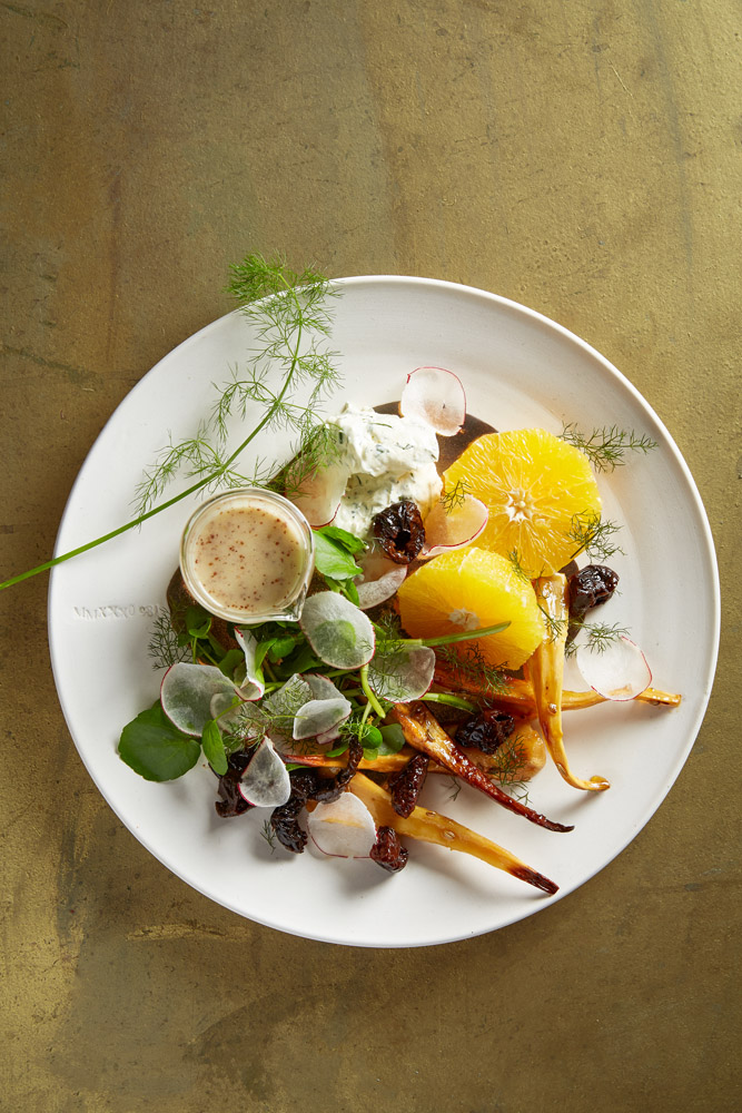 Hemelhuijs Winter Salad - Maple baked parsnips with whipped herb cheese, navel orange, prunes & mustard dressing LR