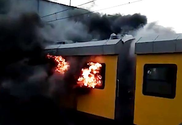 Moving Metrorail train on fire