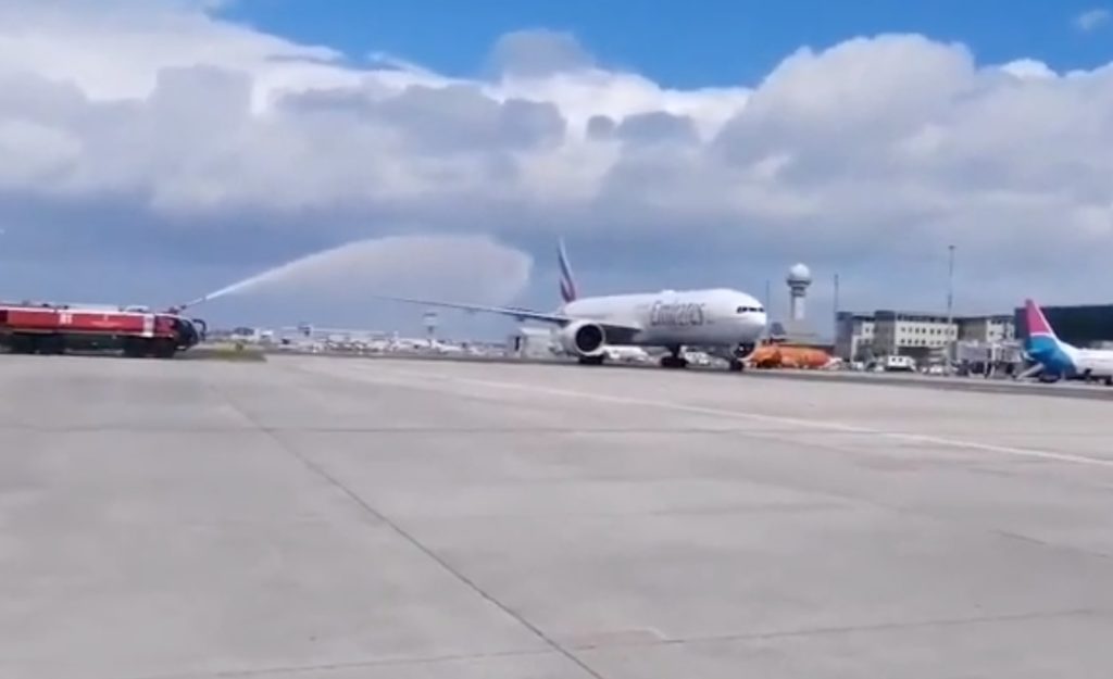 Emirates plane gets water salute on arrival at Cape Town International