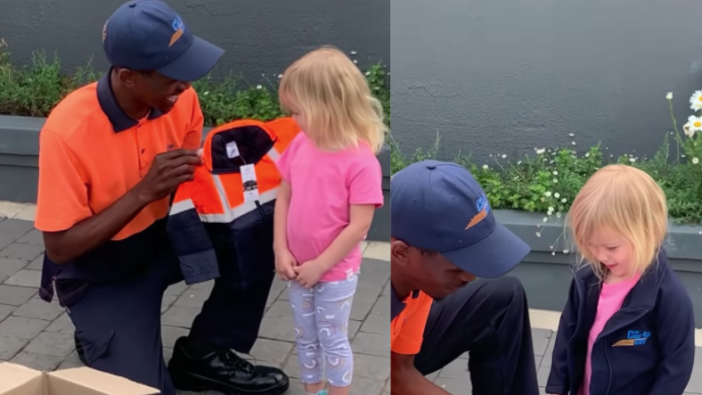 WATCH: Adorable toddler is thrilled to dress up as courier guy